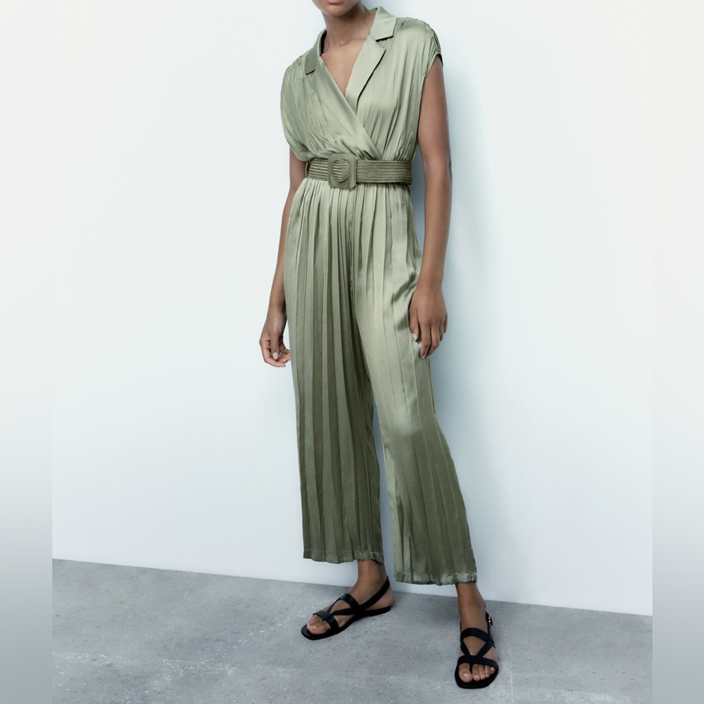 Zara Wrinkle Effect Belt Satin Jumpsuit XS